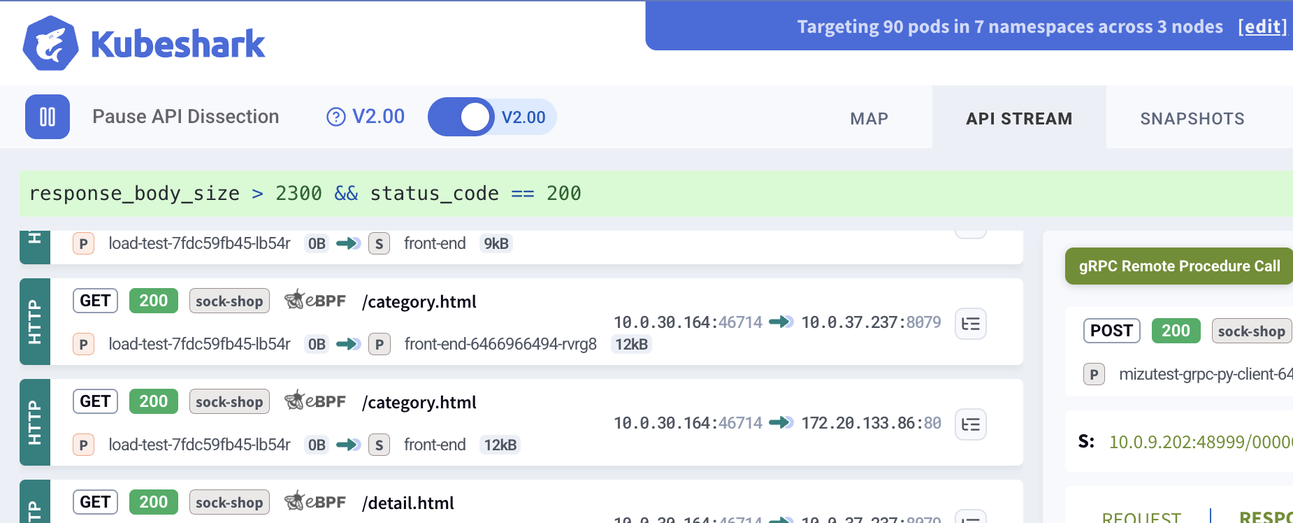 Live API stream with display filters — full request/response payloads enriched with Kubernetes context