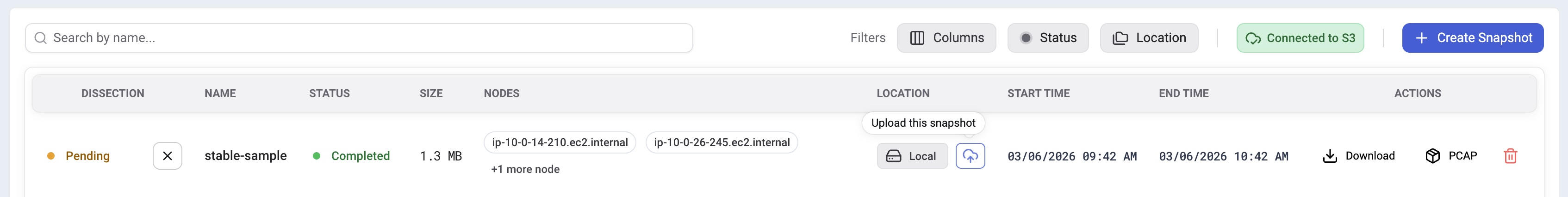 Snapshot with Local badge and upload to cloud button